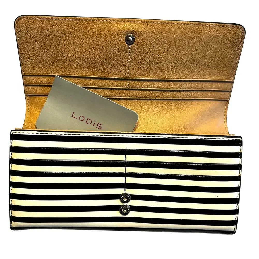 Lodis brand striped beige & black Chevron patent leather wallet clutch purse